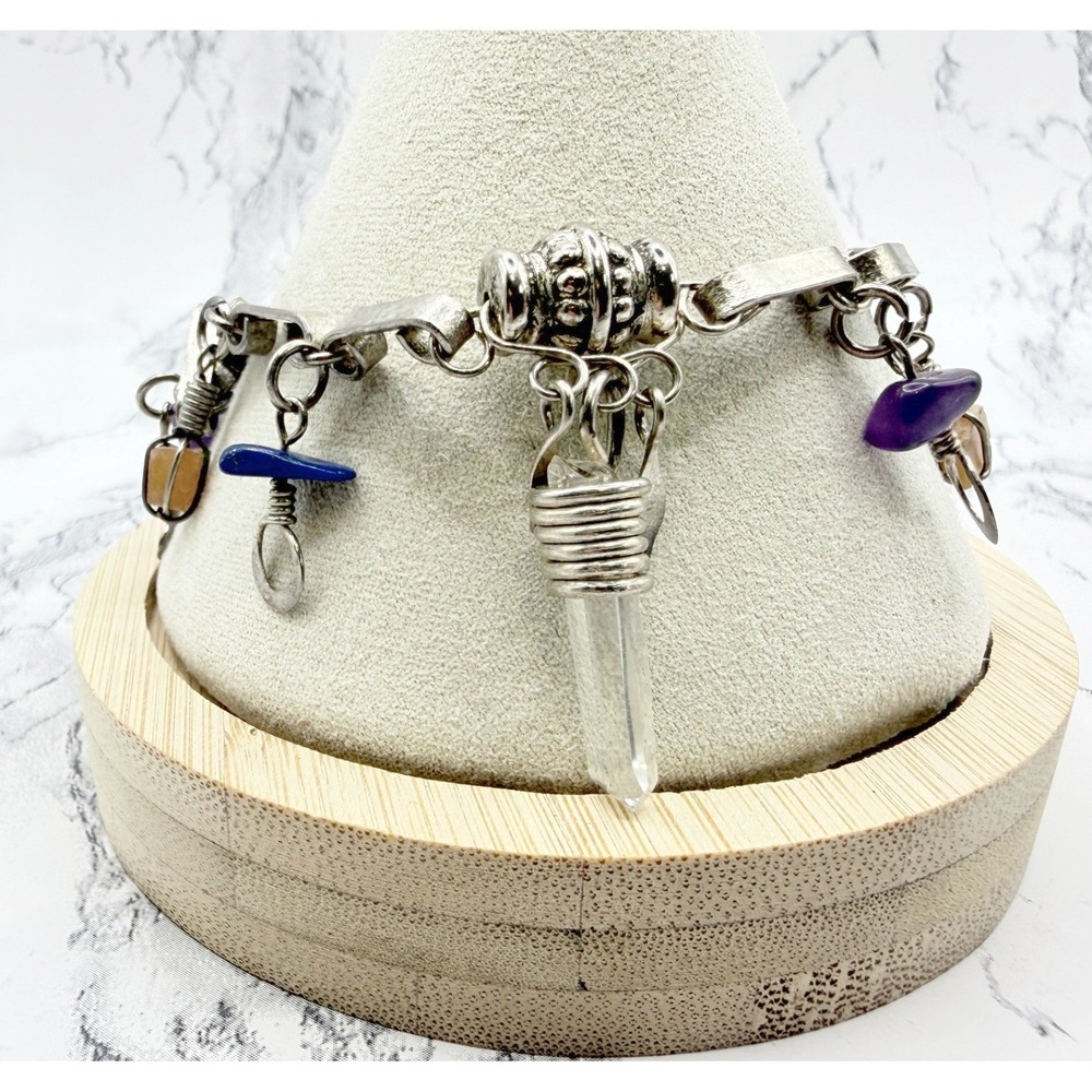 Eclectic Mixed Natural Stone Crystal Point Charm Bracelet Silver Tone 8.5 Inch